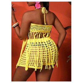 BEAUDRM Women's Plus Size 2 Piece Crochet Swim Cover Up Set Fringe Hem Halter Beach Top and Shorts Coverups Beachwear Yellow 0XL