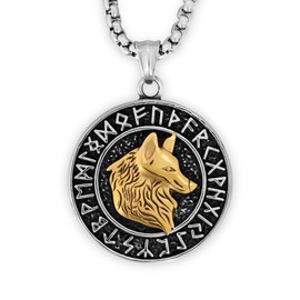 HAQUIL Viking Wolf Necklace, Stainless Steel Ancient Runes Medallion with Fenrir Wolf Head Pendant, Box Chain, Viking Jewelry Gift