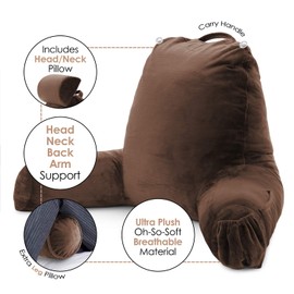 New & Improved Reading Pillow, Large Bed Rest Pillow with Arms + 2 Detachable Pillows - Shredded Memory Foam TV Pillow, Neck Roll & Lumbar Support Pillow - Set of 3 - Chocolate Brown