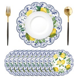 50Pcs Lemon Round Paper Placemats,13.4 Inch Cyan Blue Tiles Lemon Paper Place Mats Summer Fruit Scalloped Disposable Table Mats for Party Kitchen Dining Holiday Birthday Party Supplies