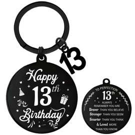 Aurmonigo Happy Birthday Gifts Keyring - Inspirational 13th Engraved Keychain for Boys and Girls, Black Keepsake Presents from Family Grandmother Mum Dad Best Friend Key Ring Gift for 13 Year Old