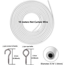 ASIWUJING Net Curtain Wire and Hooks Set, 10M Net Curtain Wire with 25pcs Eye Bolts and 25pcs Screw-in Hooks for Net Curtain Rod