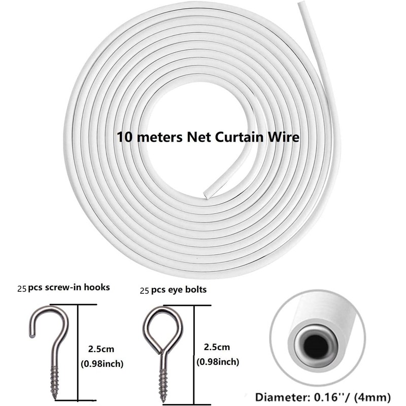 ASIWUJING Net Curtain Wire and Hooks Set, 10M Net Curtain
