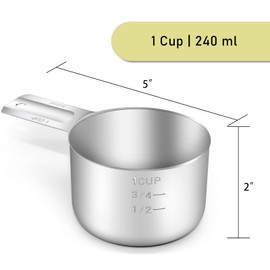 BERYLER 1PCS 1Cup (240ml, 8oz) Single Measuring Cup, Stainless Steel Measure Scoop, Metric and US Measurement, Dishwasher Safe