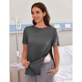 Deyeek Post Shoulder Surgery Shirts for Women Side Snap Hospital Gowns Tear Away Short Sleeve Adaptive Clothing Dark Gray S