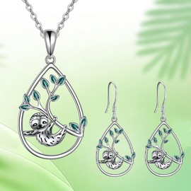 Cute Sloth Pendant Necklace Earrings Set Green Leaf Waterdrop Necklace Earrings Animal Jewelry for Women, Zinc, No Gemstone