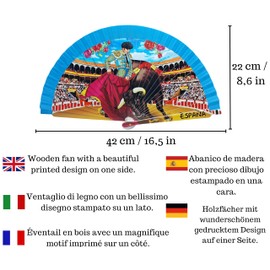 Fächerpaket mit Stier-Zeichnung, mit handgefertigter Hülle aus Ubrique und Armband aus Stoff, traditionelles spanisches Design, Souvenir oder Geschenk (blaue Stiere)