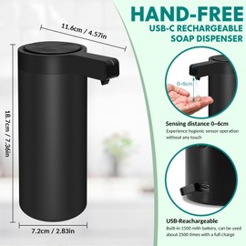 Mamiddle Soap Dispenser Automatic Stainless Steel with Sensor Infrared Soap Dispenser Electric IPX5 Waterproof USB-C Charging with Sensor Infrared Motion Sensor for Kitchen and Bathroom (Black)