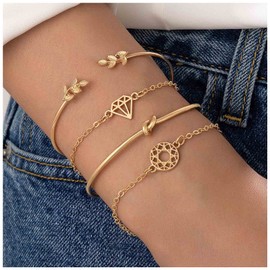 Yheakne Vintage Layered Gold Bracelet Chunky Tiny Leaf Bracelet Adjustable Leaf Open Cuff Bracelet Geometric Circle Bracelet Set Jewelry for Women and Girls (Gold B)