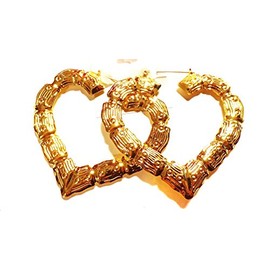Large Bamboo Heart Hoop Earrings Gold Tone Earrings 3.5 Inch