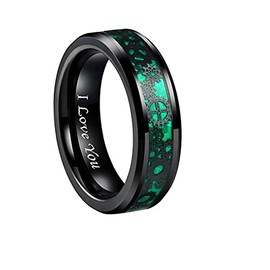 CROWNAL 8mm Silver/Black Tungsten Rings for Men Women Steampunk Gear Wheel Blue/Purple/Green Carbon Fiber Size 6 to 17(8mm Green,10.5)