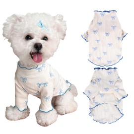 Yoolhamy Dog Clothes for Small Dogs Chihuahua Outfits Spring Summer tshirts Bow Stretchable Ruffle Breathable Dress for Shih Tzu Yorkshire Puppy Girl Pets Cats (Blue, S)