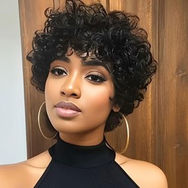 Short Curly Wigs for Black Women Pixie Cut Wig Short Curly Bob Wigs for Black Women Short Curly Wig with Bangs Synthetic Afro Wig Black Short Curly Wigs for African American Women (Natural Black)