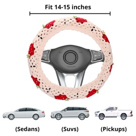 Crochet Steering Wheel Cover Set Women 14-15in, Handmade Granny Square Seat Belt Covers, Boho Strawberry Car Accessories Fit Vehicles, Sedans, SUVs, Vans CSWCS (Wheel Cover Suit + Strawberry Hanging)
