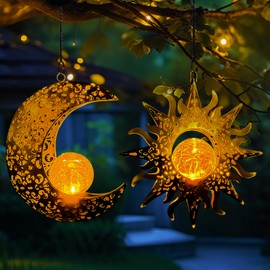 QCF Solar Hanging Sun and Moon Lights Garden Outside Decor,2 Pack Metal Lanterns Outdoor Sunflower Art Decorations for Porch Backyard Patio Wall Tree,Unique Gardening Gifts for Women Mom Grandma