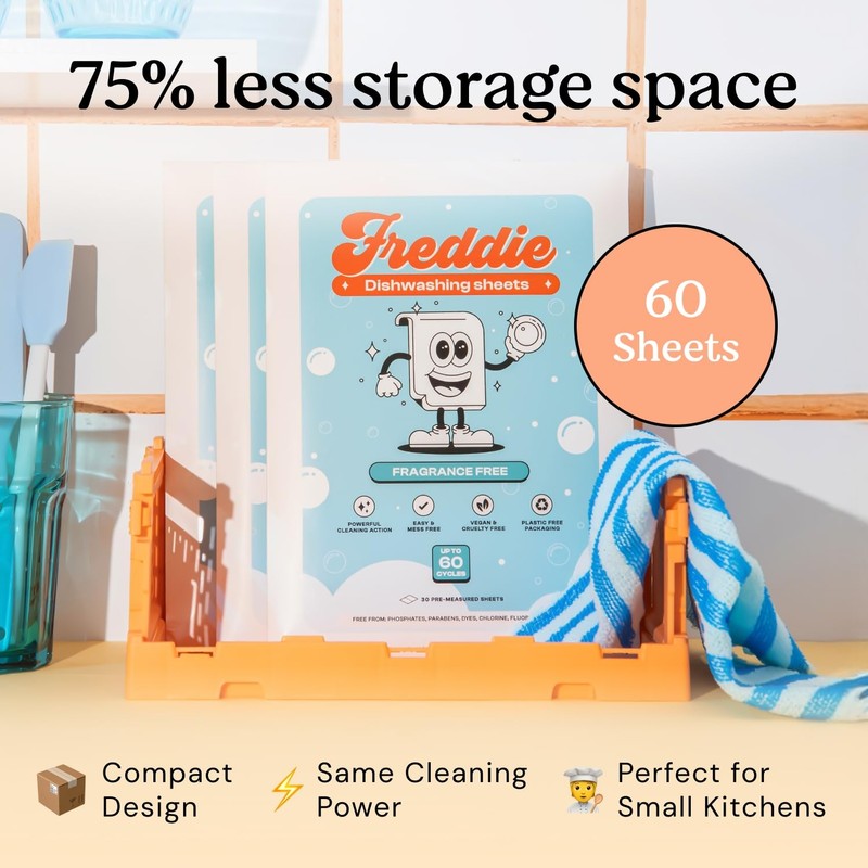 Freddie Dishwasher Sheets Fragrance Free - Space-Saving Alternative to Liquid