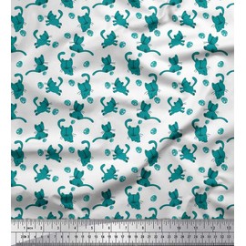 Soimoi Green Poly Crepe Fabric Wool & Cat Animal Print Sewing Fabric BTY 42 Inch Wide