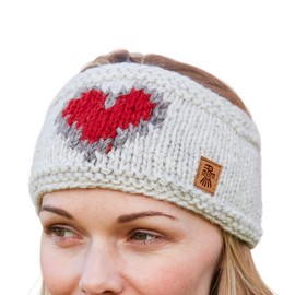 Pachamama Women Wool Ear Warmer Headband Fleece Lined Handknitted Red Heart Pattern Oatmeal One-Size Handmade Fair Trade