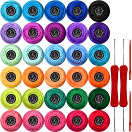 COLORED BIRD Size 3 Crochet Thread Kit Cotton Threads Balls kit 30 Popular Rainbow Colors with Free Set of 2 Crochet Hooks and 2pcs Knitting Needles for Beginners and Experienced Crochet Enthusiast