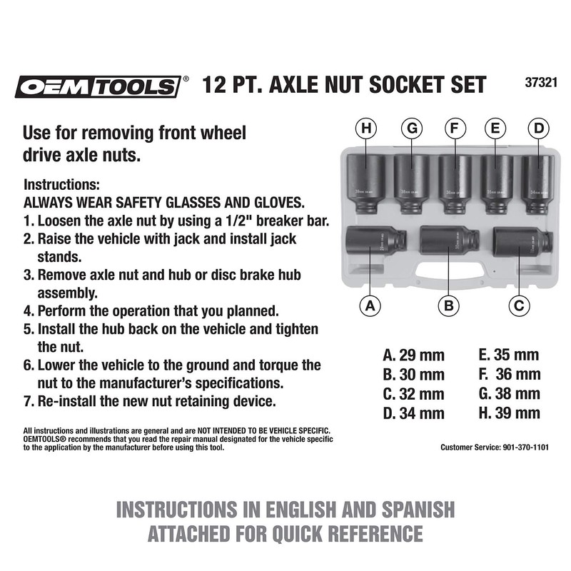 OEMTOOLS 37321 8 Piece 1/2 Inch Drive Axle Nut Socket