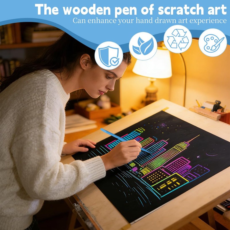 JRYXDS Pack of 50 Colourful Wooden Pens for Scratch Art,