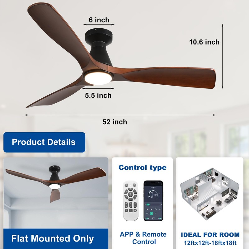Depuley 52-Inch Ceiling Fans with Lights: Walnut 3 Blade Flush