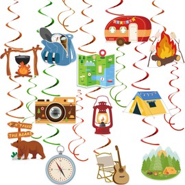 54Pcs Camping Hanging Swirls Party Decorations Camping Themed Birthday Party Decorations Ceiling Hanging Decor for Classroom Outdoor Hiking Summer Camp Adventure Swirl Streamers