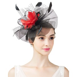 TLMNU Sinamay Fascinator Hat Floral Feather Pillbox Derby Hats for Women Wedding Tea Party with Headband Clip 03-Black,Red