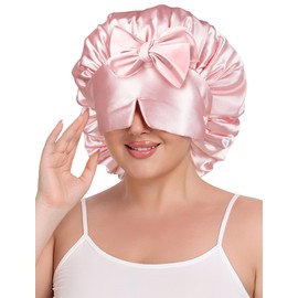 Sese Code Bonnet With Eye Mask Attached Satin Bonnets With Tie For Sleeping Women Hair Caps Curly Hair Pink