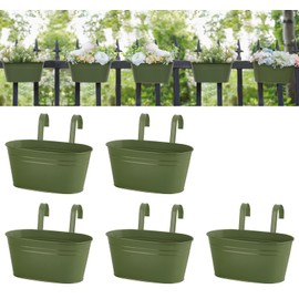 Dahey 10.5 Inch Metal Iron Hanging Flower Pots for Railing Fence Hanging Bucket Pots Countryside Style Outdoor Planter Window Flower Plant Holder with Detachable Hooks Home Decor,Green,5 Pcs