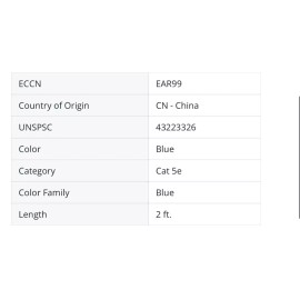 ATP  Cat 5e Patch Cable, 2 ft., Blue MFR #: AT1502EV-BU