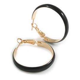 30mm D/Wide Black Enamel Hoop Earrings In Gold Tone/Small Size