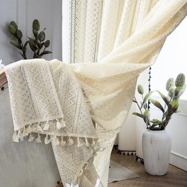 RunFar shop Boho Curtains Set of 2 Beige Vintage French Retro Crochet Knitting Curtains Transparent Curtain Lace Curtains for Living Room Bedroom (Beige-140 x 250 cm)