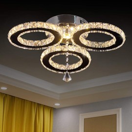 diisunbihuo LED Crystal Pendant Ceiling Light 13x3.5 Inches 3 Rings Crystal Chandelier Flush Mount Lighting Fixture for Bedroom Hobby Living Room (Warm White)