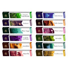 Himalaya Premium Assorted Agarbatti Sticks 12 x 15g - Patchouli, Anti-Stress, Arruda, Blue Sage, Frankincense, Lavender, Myrrh, Rain Forest, Sandalo, Vetiver, White Lotus, Palo Santo