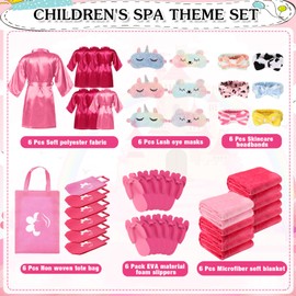 Bonuci 36 Pcs Spa Party Supplies for Girls Birthday 6 Set Sleepover Party Satin Robes 6 Slumber Throw Blankets Kids Kit Pack(Rose Red and Pink)