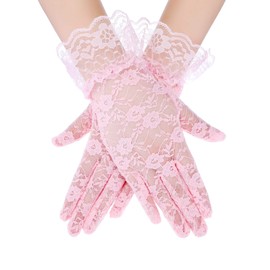 SATINIOR Ladies Lace Gloves for Women Tea Party Elegant Short Courtesy Gloves for Wedding Dinner Opera Parties(Pink)