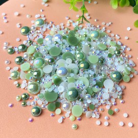 50g Mix Flatback Resin Rhinestones Half Round Pearls Mixed Size 3mm-10mm AB Color Half Pearls Resin Rhinestones for DIY Craft Nail Art Shoes Clothes Tumblers Scrapbooking (Green Series)