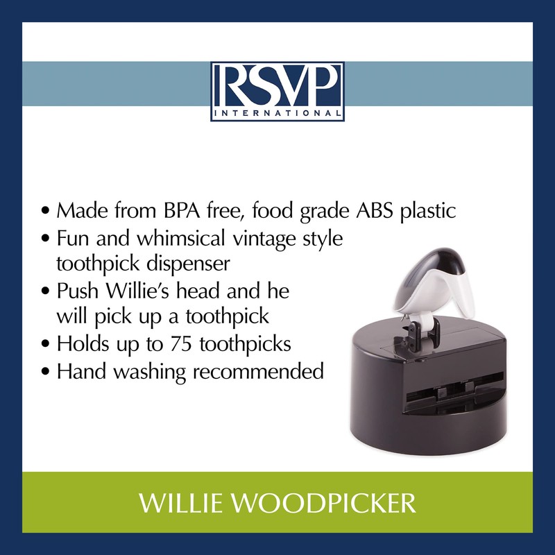 RSVP International Willie Woodpicker Toothpick Holder, Woodpecker, 100 Count,Plastic, Black