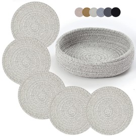 Coga Trivets for Dishes, Pots and Pans - 7 Inch Hot Pads, 5 Pcs with Storage Basket - Cotton Table Protector, Heat Resistant (Grey)