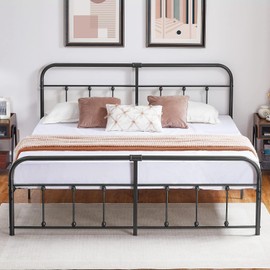 VECELO Black Victorian Style Metal Bed Frame with Headboard/Mattress Foundation/No Box Spring Needed/Under Bed Storage and Strong Slat Support King Size