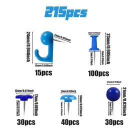 VAPKER 215Pcs Blue Push Pins Set,Hook Push Pins,Round Head Map Tacks,Flat Flower Thumb Tacks,Heart Shape Push Pins,Standard Push Pins Plastic Head with Steel Point