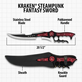 Kraken Steampunk Fantasy Full-Tang Sword - 20.5” Length | Curved Blade | Decorative Design Cutouts | Pakkawood Handle | Stainless Steel with Leather Sheath