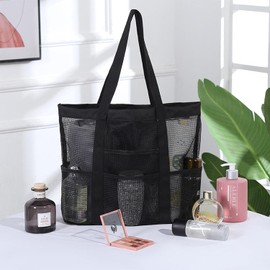 Bolsa de Playa de Malla Grande Plegable para Mujer, Bolso de Hombro con 9 Bolsillos y Compartimento con Cremallera, Adecuado para Viajes/Vacaciones, Playa, Picnic, Compras, Camping