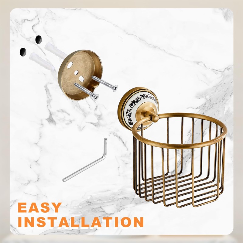 Vintage Wall-Mounted Toilet Paper Holder with Wire Basket Design, Antique