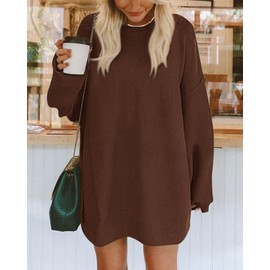 BTFBM 2025 Womens Sweaters Casual Crewneck Long Sleeve Oversized Sweater Dress Fall Winter Loose Slouchy Soft Pullover(Solid Coffee, Small)