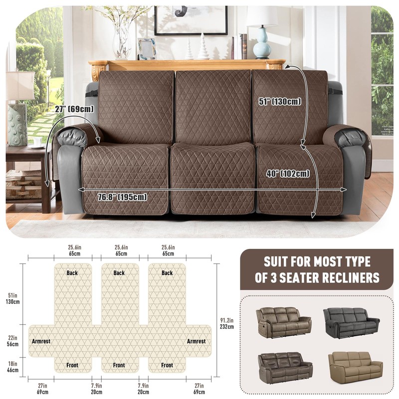 TAOCOCO 100% Waterproof Recliner Cover, Non-Slip Washable Reclining Couch Cover