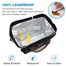 Lekesky Bolsas del Almuerzo Amplia y Abierta, Loncheras Portátil para Adulto, Plegable Bolsa Del Almuerzo Aislada para mujeres, Bolsa Térmica a la Oficina Prueba de Fugas, Reutilizable, Negro