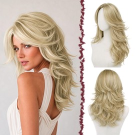 Dirty Blonde Wigs for Women Long Wavy Layered Wig with Curtain Bangs