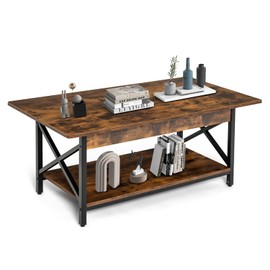 IFANNY Coffee Table, 44" Rectangle Cocktail Table with Storage Shelf, Industrial Accent Table with Metal Frame & Adjustable Foot Pads, Wood Center Table for Living Room, Home Office (Rustic Brown)